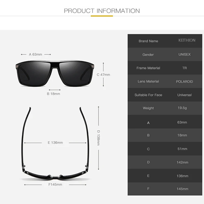 KEITHION Fashion Polarized Square Sunglasses Men Driving Sun Glasses For Men Brand Design High Quality Mirror Eyewear Male Women