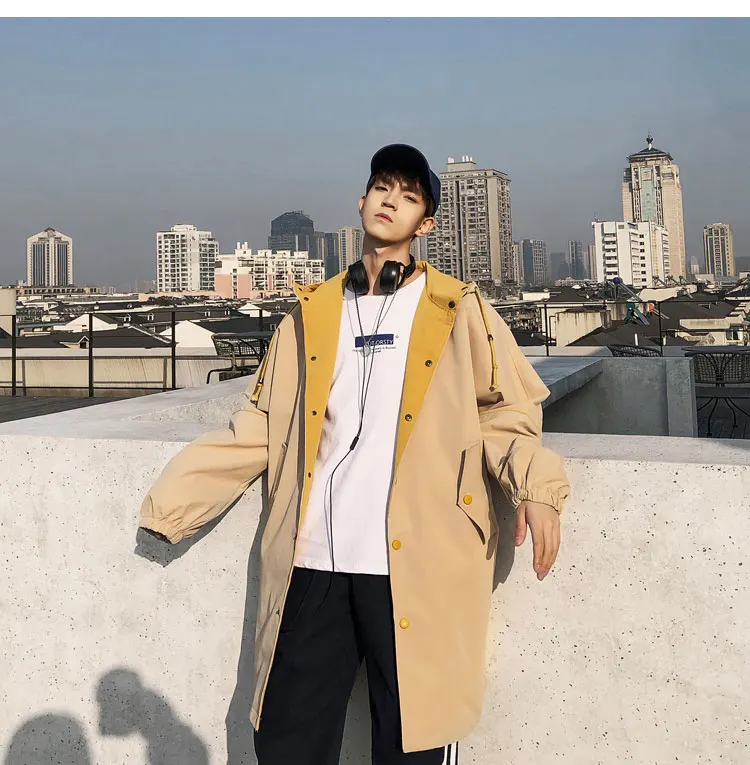 Korean Long Jacket Men Camouflage Hooded Trench Coat Men Spring Street Style Military Trenchcoat  (1)