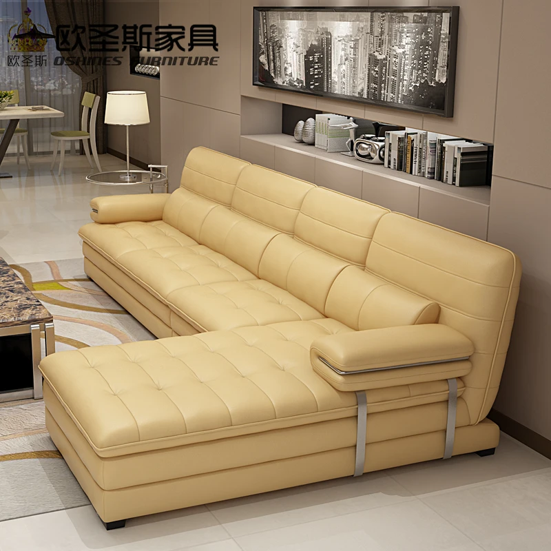 yellow leather sectional sofa set, metal frame leather sofa,italian leather l shape sofa OCS-602