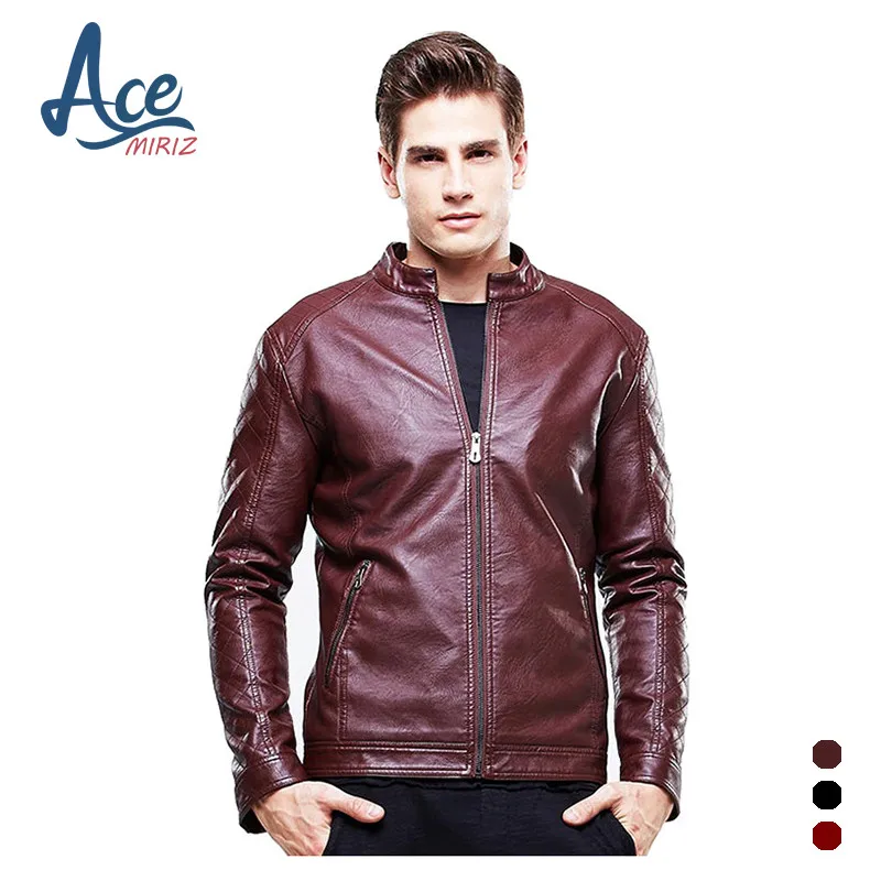 ACEMIRIZ 2017 Mens Leather Jacket PU Zippers Slim Coats