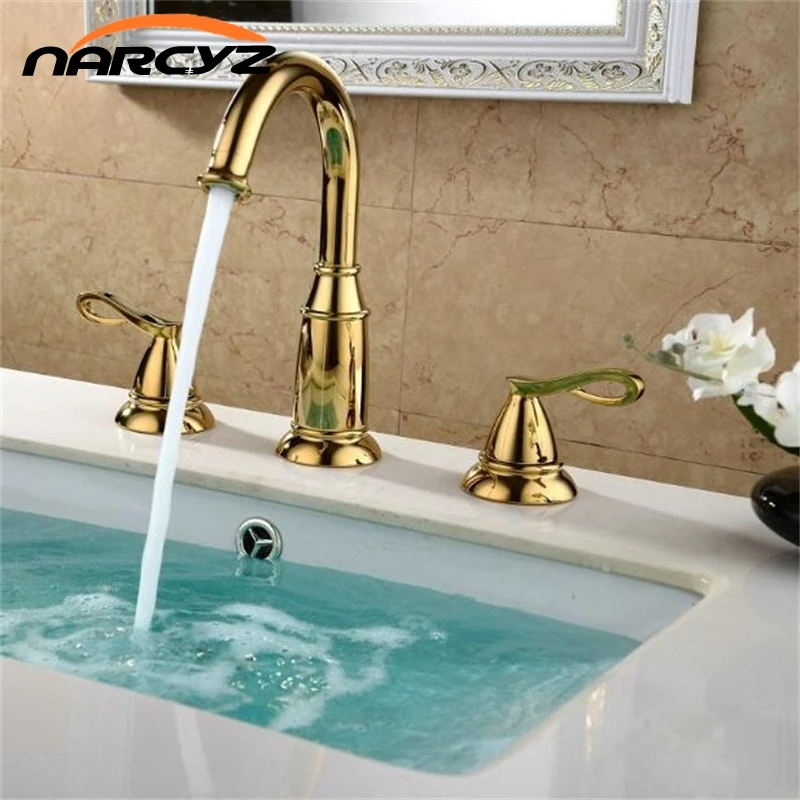 Basin Faucets Brass Golden 3 Holes Double Handle Bathroom Sink Faucet