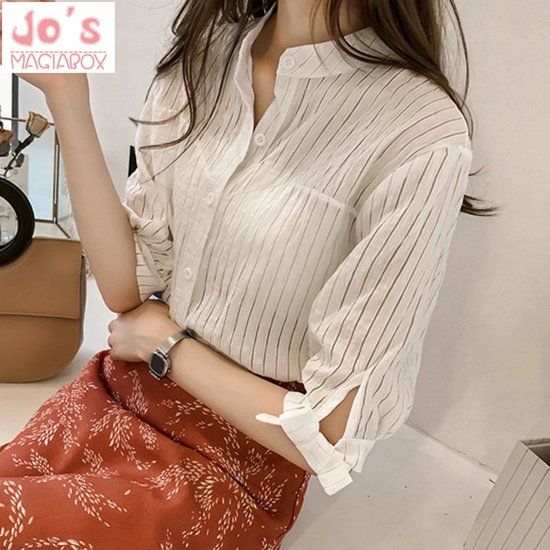 

Summer Korean Chiffon Womens Striped Bow Tops And Blouses Ladies Casual Half Sleeve Kimono Chiffon Office Shirts Blusas Mujer