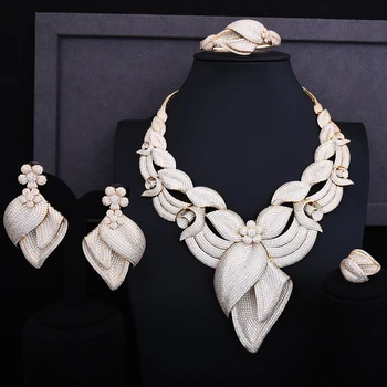 

GODKI Exclusive Sparkly Luxury Flower Blossom Women Wedding Cubic Zirconia Lariat Necklace Earring Bangle Ring Jewelry Set