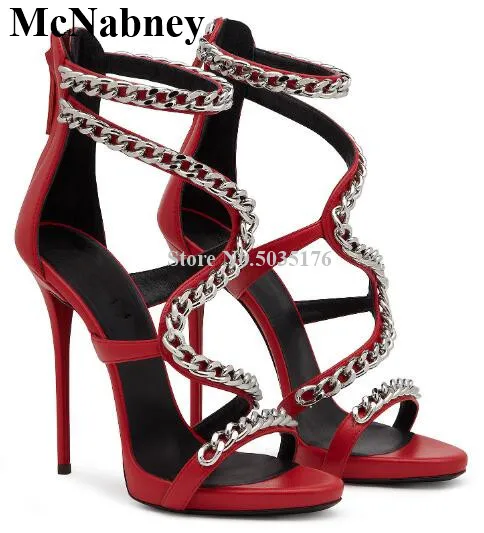 

Metal Chain Solid Fashion Simple Peep Toe Sandals Zip Platform Stiletto Heel Sandals Dress Ankle Strap Cover Heel Women Shoes