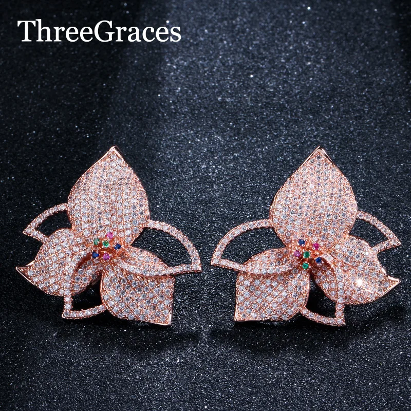 

ThreeGraces Three Leaf Shape Rose Gold Earring for Female Wedding Jewelry Micro Pave Clear CZ Crystal Big Stud Earrings ER249
