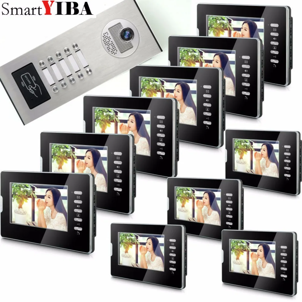 

SmartYIBA 7" 4-Wired Apartment Video Door Phone Audio Visual Intercom Entry System IR Camera For 10 Families