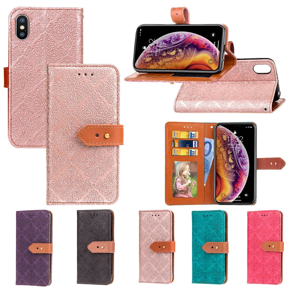 

GEUMXL For iPhone 6 6S 7 8 X XS MAX XR Frescoes Leather Buckle Flip Wallet Phone Case Card Holder Bag Cover
