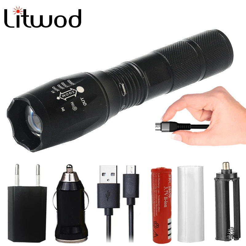 

Litwod Z20A100 XM-L2 U3 Micro USB Rechargeable LED Flashlight Torch waterproof lantern 5 Modes Zoomable for Camping