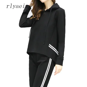 

RLYAEIZ Hot New Sportswear Women 2 Piece Set 2017 Autumn Fashion Striped Hooded Hoodies + Pants Tracksuits Woman Sporting Suits