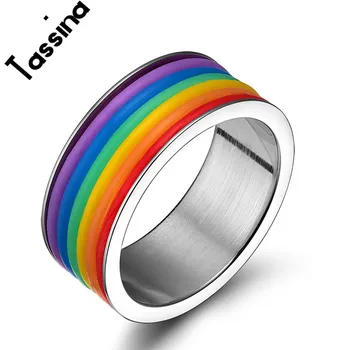 

Tassina Trendy Round Stainless Steel Rainbow Lesbian Rings Gay Pride LGBT Flag Jewelry For Men And Women TNF001
