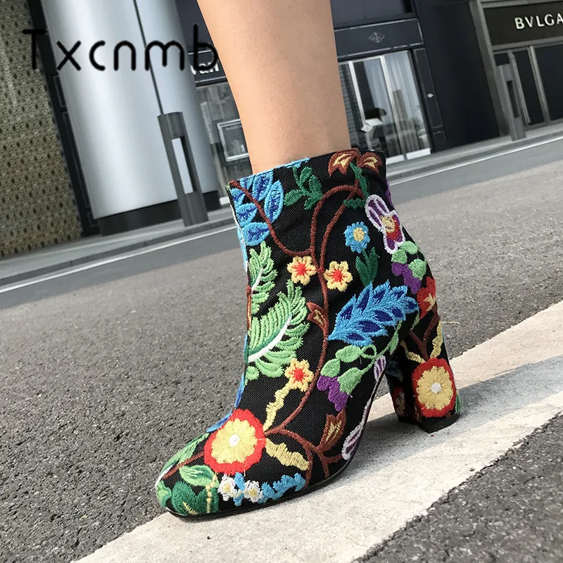 

TXCNMB Brand High Quality Leather Ankle Boots Round Toe Party Wedding Shoes Woman High Heels Size 41 42 Basic Boots Women