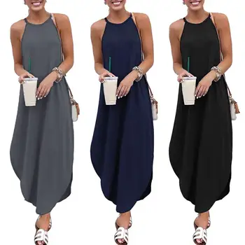 

2019 Sexy Loose Sleeveless Irregular Summer Women Dress Solid Color Tunic Beach Dress Sundress Pocke Grey Black Blue Green