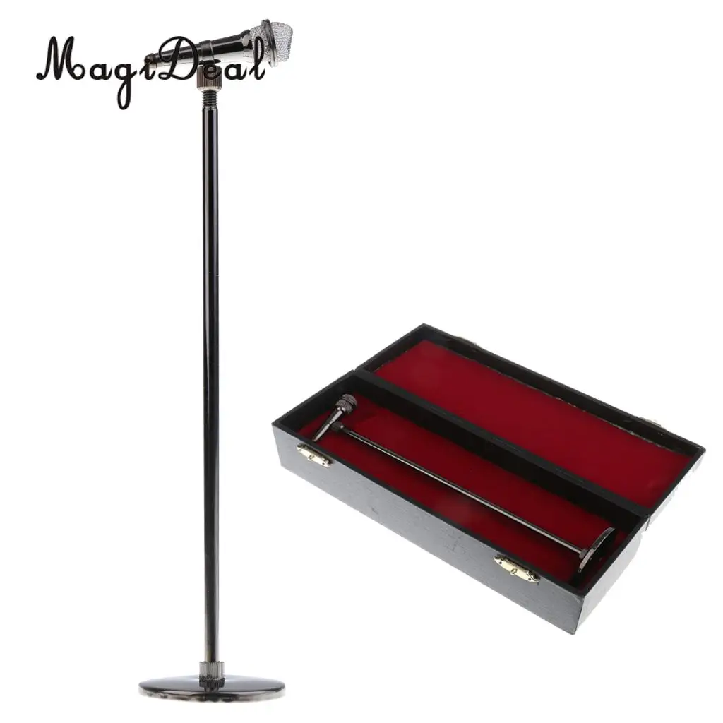 1/6 Scale Miniature Copper Adjustable Height Microphone Model with Stand and Box for Dolls Accessory Children Kids Toy