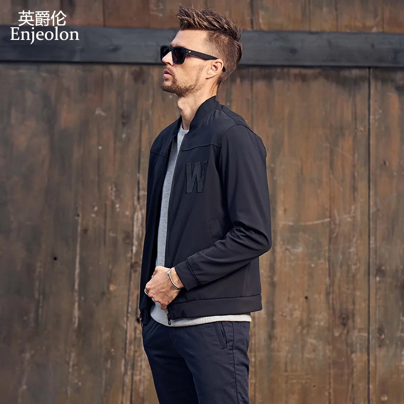 

Enjeolon brand casual Bomber jackets stand collar coat men black solid Mens coats clothing plus size 3XL clothes JK0330