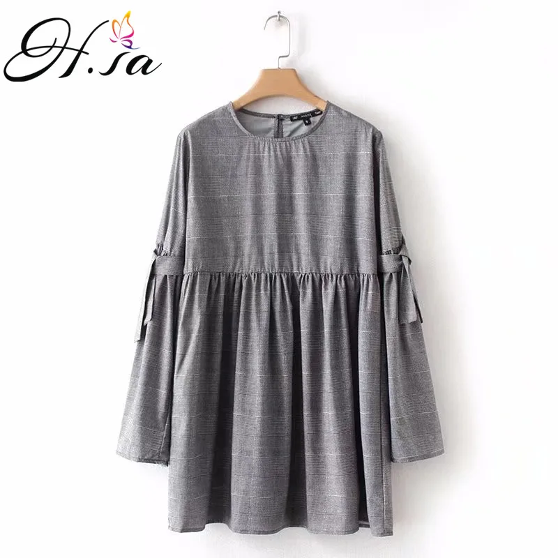 

H.SA Women Casual Dress for Summer 2018 Pleated Loose Dress Long Sleeve Bow Tie Oversize Vestidos Party Dress Plaid Midi Robe