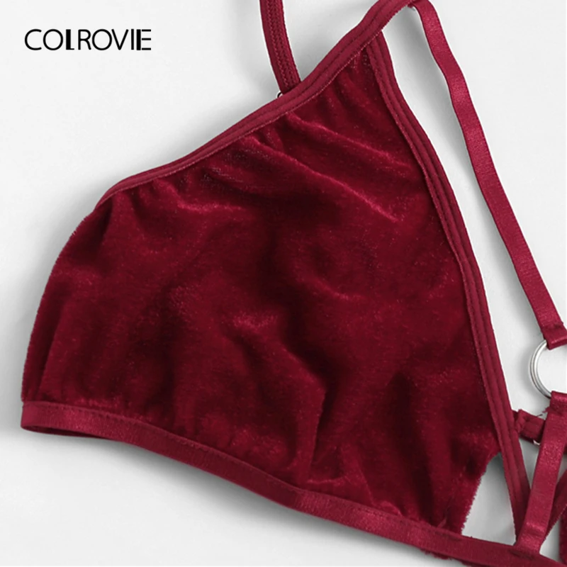 COLROVIE Burgundy Cut Out Harness Velvet Sexy Intimates Women Lingerie Set Wireless Underwear Bra Set Thongs With V-Strings