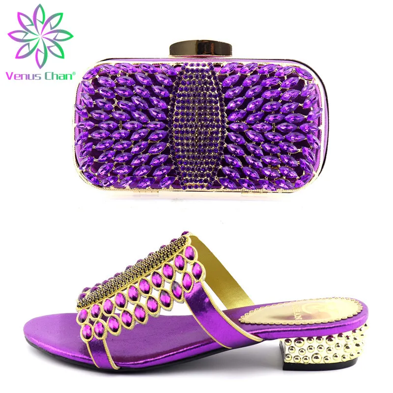 

New Arrival Purple Color Italian Shoes with Matching Bag Set Decorated with Rhinestone African Women Italian Shoes and Bag Sets