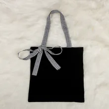 Очаровательные женские черные сумки в клетку с бантом холщовая Повседневная Сумка-тоут сумки без молнии на плечо однотонные сумки сумка для покупок