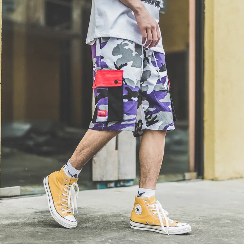 Оригинальная уличная мода хип-хоп для мальчиков свободные фиолетовые камуфляжные рабочие шорты Молодежные повседневные дикие спортивные пять брюк