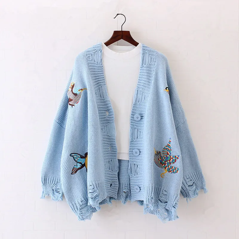 

Women Birds Embroidery Cardigan Knitted Sweater Coat Girl Spring Autumn Casual Hole Long Sleeve V Neck Loose Knit Tops Knitwear