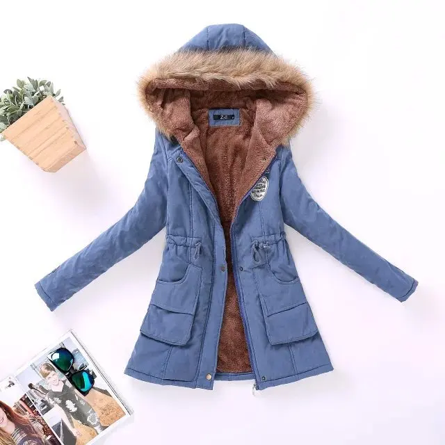 Зимняя женская повседневная куртка с капюшоном, Вельветовая Толстая теплая куртка с меховым воротником и хлопковой подкладкой/женские парки, шерстяная стеганая куртка - Цвет: Jean Blue