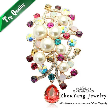 

ZYX004 Elegant Flower Imitation Imitation Pearl Rose Gold Color Brooches Jewelry Austrian Red Crystal Wholesale