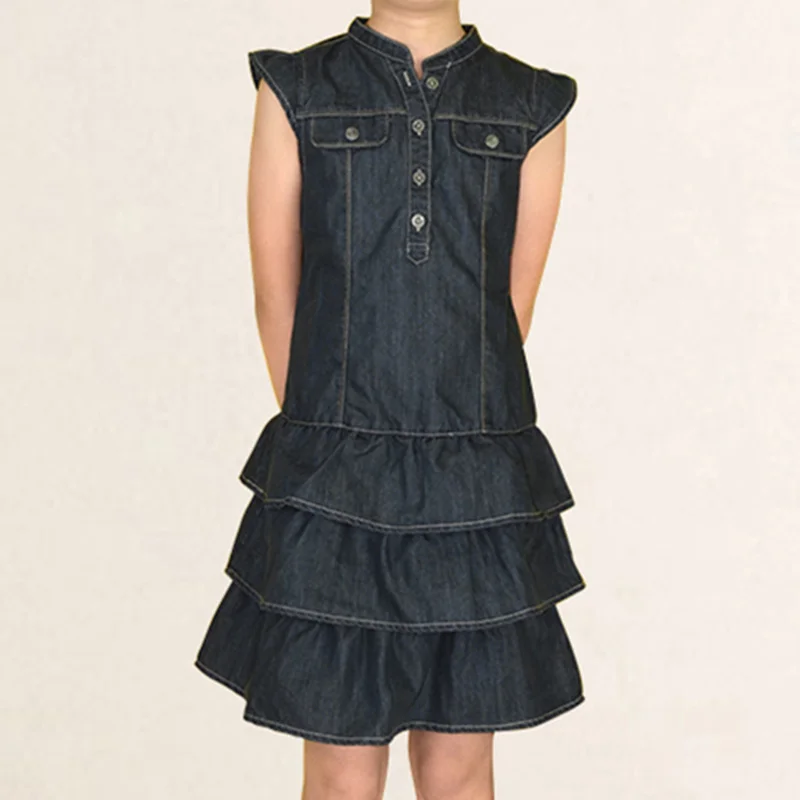 1 Baby Girls Princess Dress Denim Sundress Jeans Layered Tutu Dress Ruffled Sleeveless Vintage