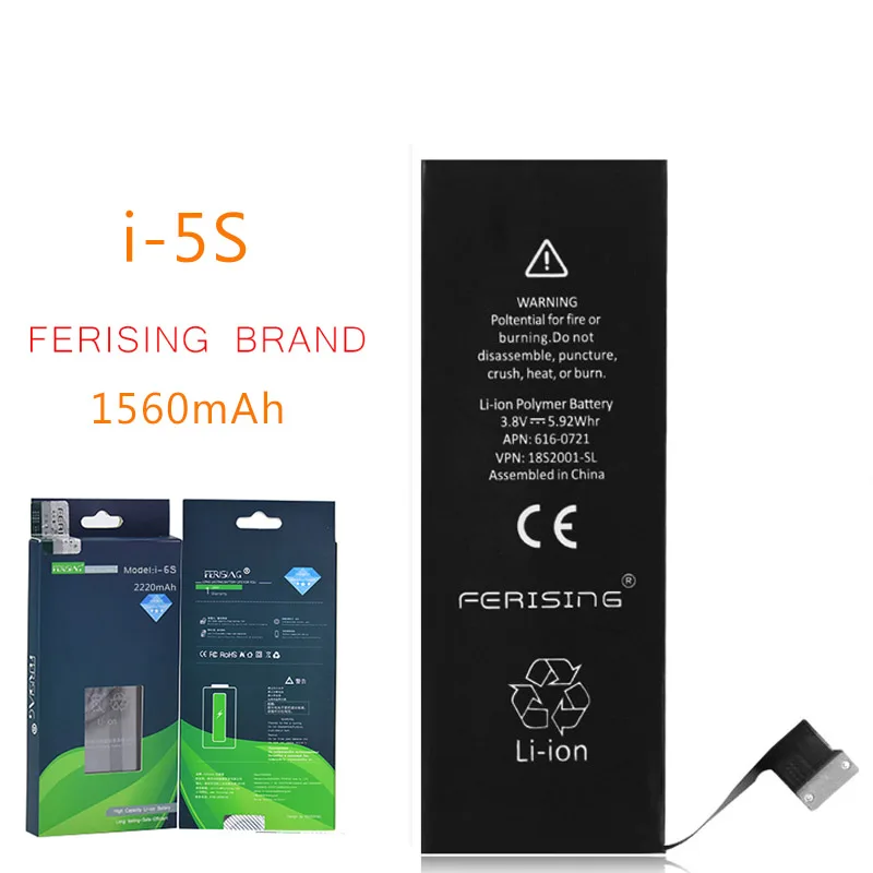 2019 New 100% Original FERISING Phone Battery For iPhone 5S 5C Capacity 1560mAh Repair Tools 0 Cycle I5s Replacement Batteries
