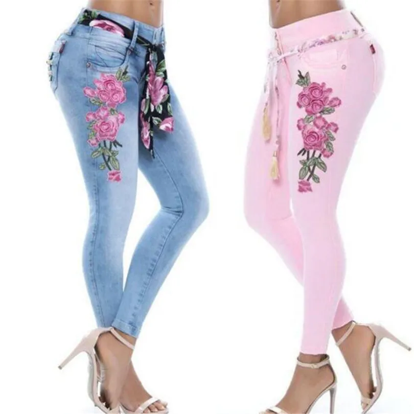 YRRETY джинсы для Для женщин джинсы стрейч женщина вышивка брюки Узкие женские джинсы с Высокая Талия джинсовые дамы Push Up синие джинсы