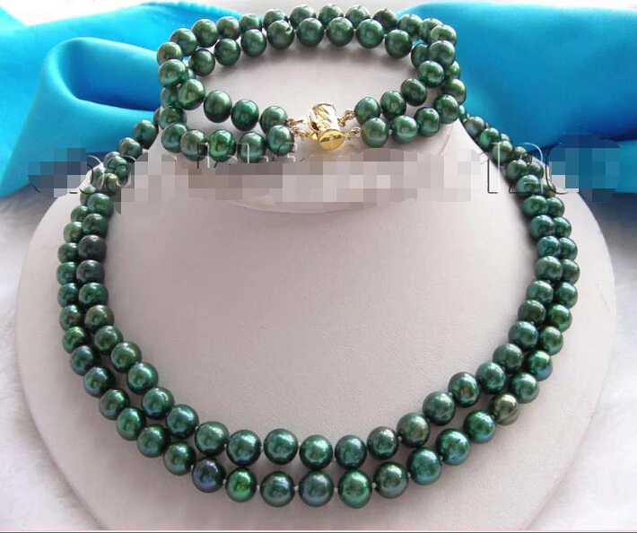 

shipping2r Natural Green 9mm Pearl Necklace Bracelet A Set 14k! (A0423)