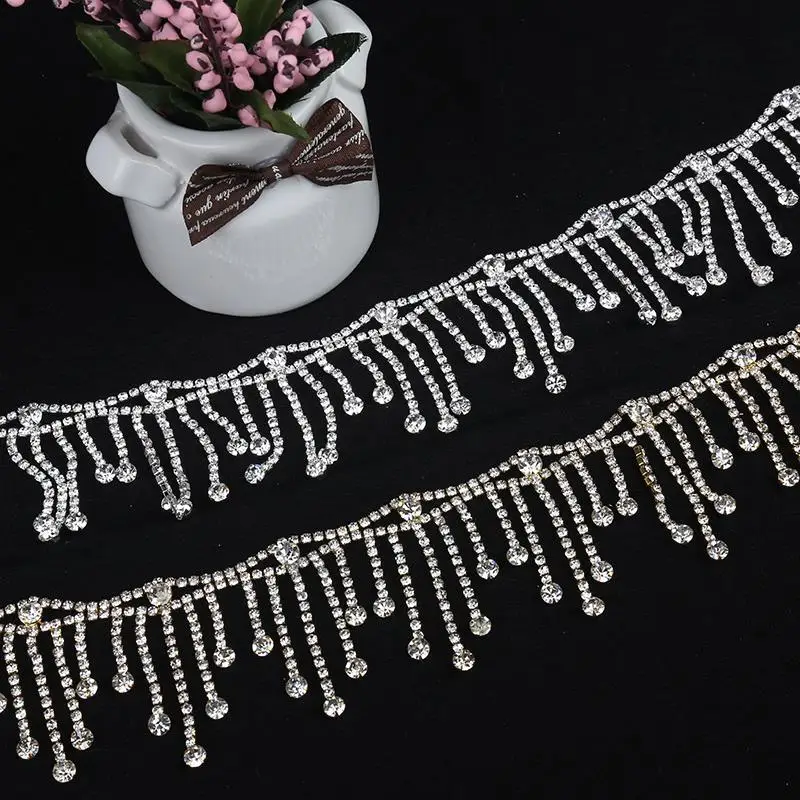 

1 Yard 5.4 CM Silver Tassel Crystal Rhinestones Chain Trims for Clothes Collar Necklace Bags Hats Trims Wedding Dress Appliques