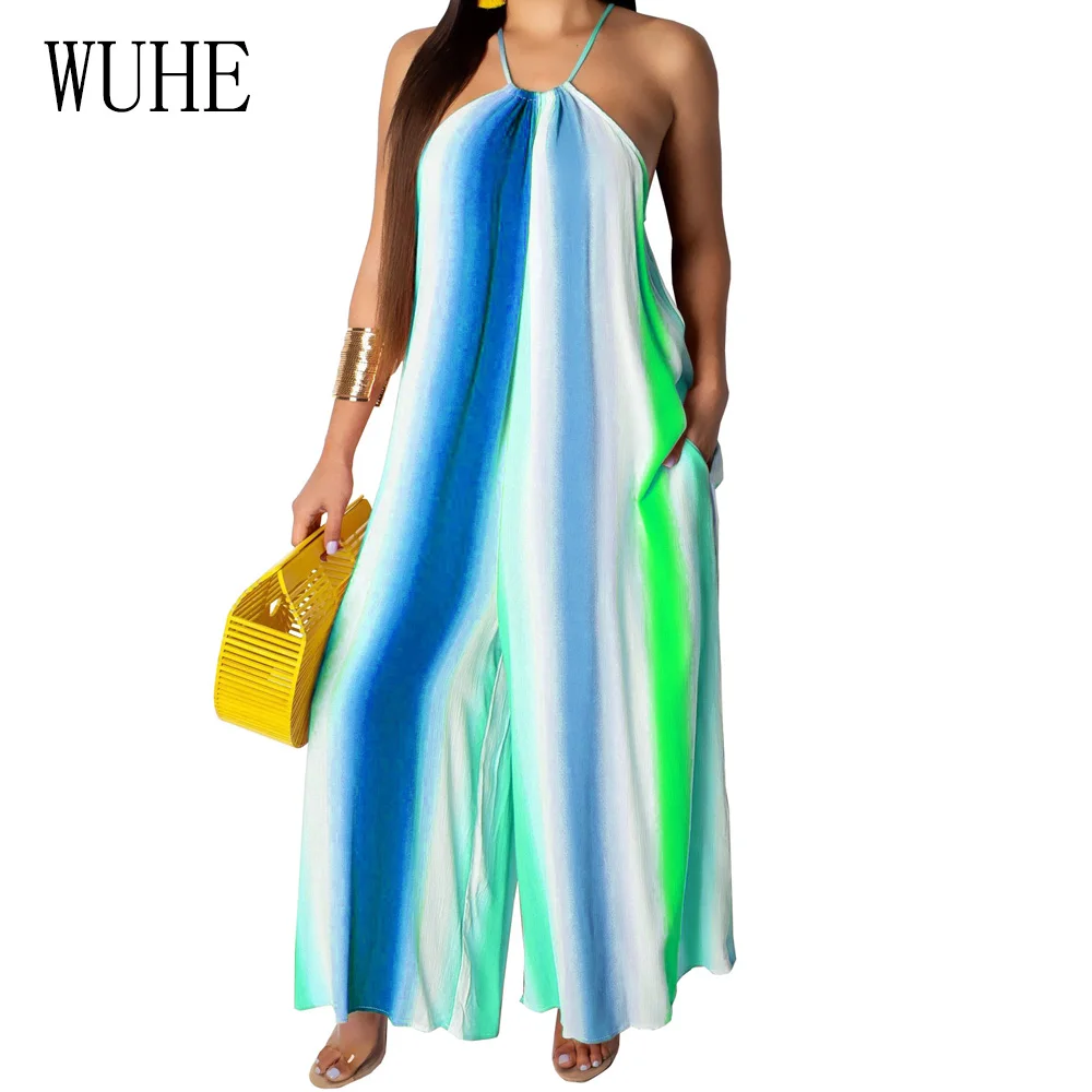 

WUHE Women Jumpsuits Sexy Off Shoulder Sleeveless Halter Wide Leg Playsuits Summer Bohomian Beach Party Club Casual Loose Romper