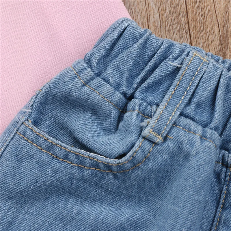 Летний повседневный комплект для маленьких девочек, хлопковая футболка Топы+ джинсовые штаны в сеточку комплект детской джинсовой одежды из 2 предметов