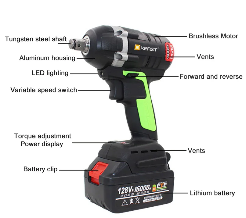 XEAST 128VF беспроводной электрический ключ удар Драйвер гнездо гаечный ключ 16000H литиевая батарея ручная дрель установка электроинструменты