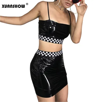 

XUANSHOW Female Set Fashion Sexy Black PU Two Piece Lady's Skirt Set Sling Crop Top And Mini Pencil Skirts Women Club Clothes