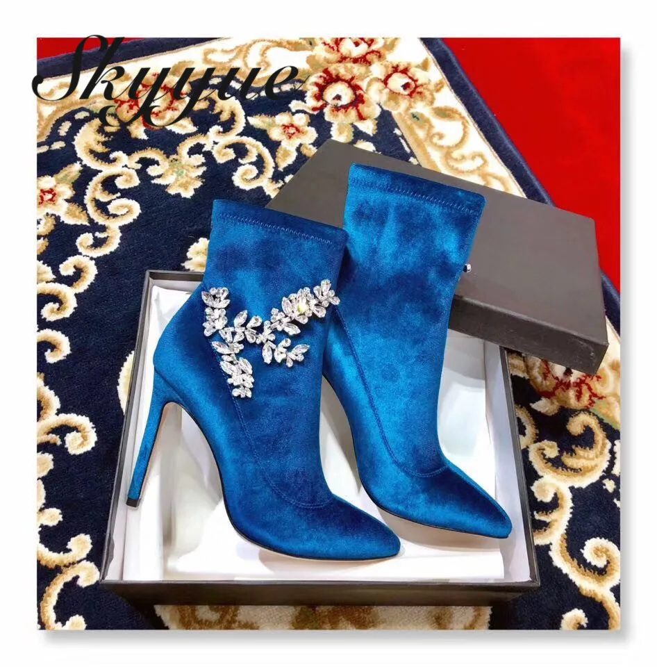 

SKYYUE Genuine Leather Satin Crystal Beading Women Boots Sexy Pointed Toe Slip On Thin HIgh Heel Women Ankle Boots Shoes Women