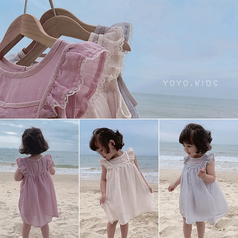 

2019 summer new baby girls chiffon dress children sleeveless lace high waist design show thin dress