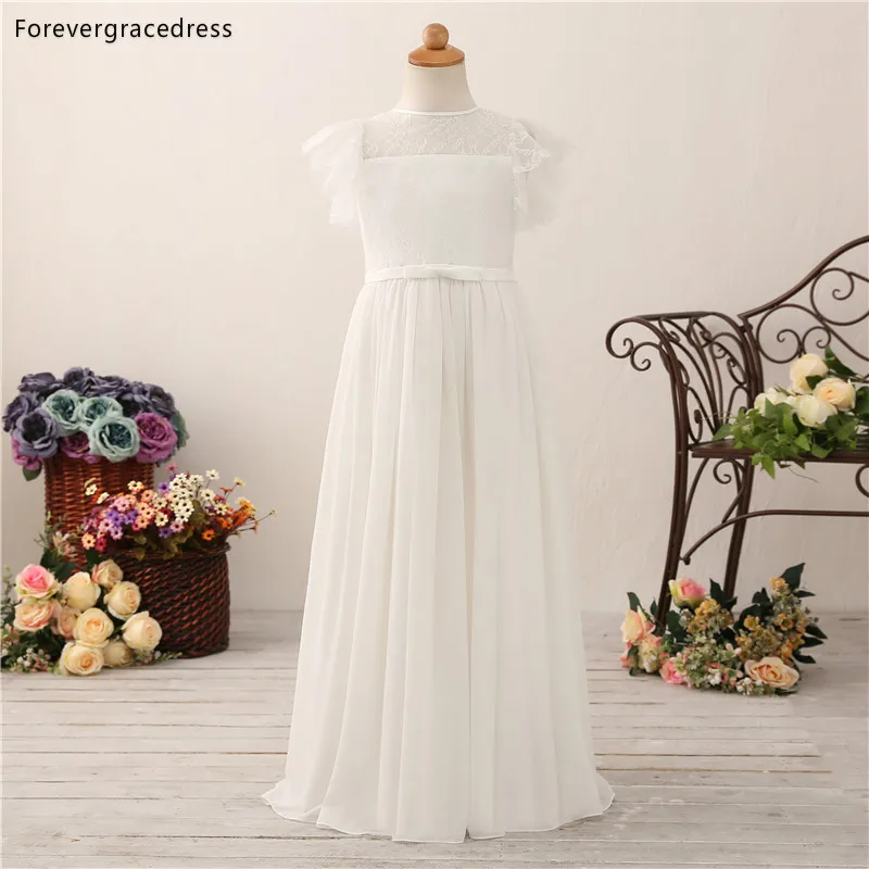 

Forevergracedress Lovely Flower Girls Dresses 2019 A Line Jewel Neck Chiffon Lace Short Sleeves Kids Pageant Children Gowns