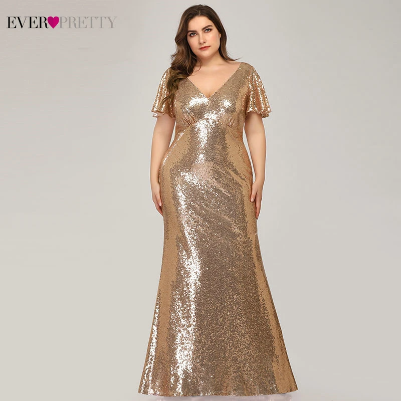 

Plus Size Rose Gold Evening Dresses Long Ever Pretty V-Neck Short Sleeve Sequined Mermaid Party Gowns Vestido Longo Festa 2019