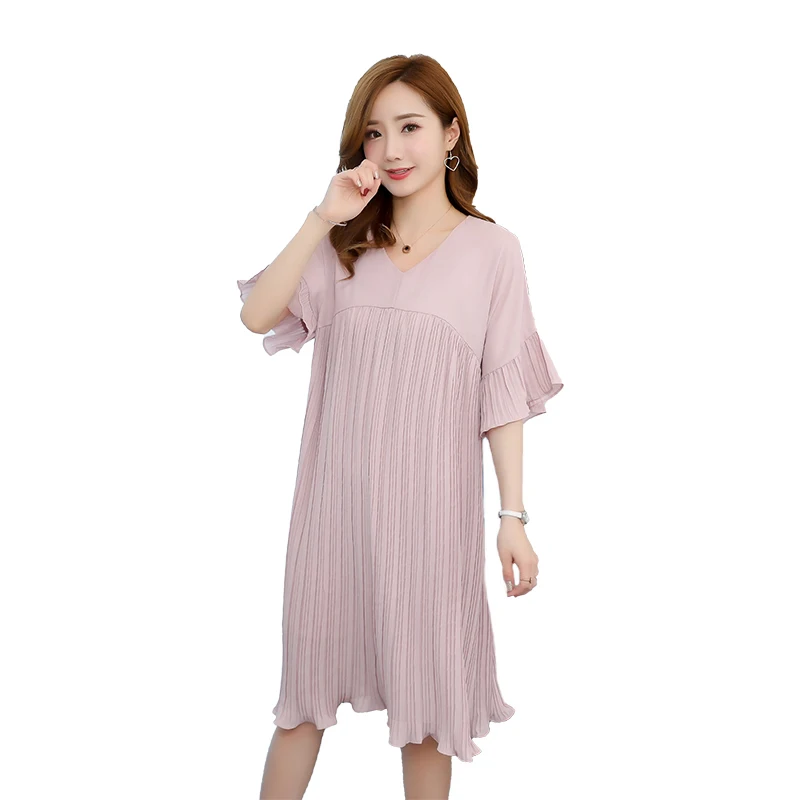 Pregnant Women Pleated Chiffon Maternity Dress Nursing Dress Summer Loose Simple Clothes for Pregnant Women Pregnancy Clothing