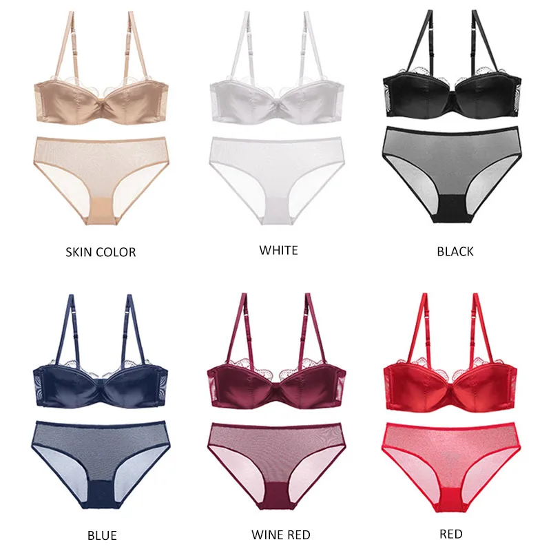 Women Lace Sexy Demi Bra Set Mesh Brief Underwire Back Closure Push up Underwear (23)