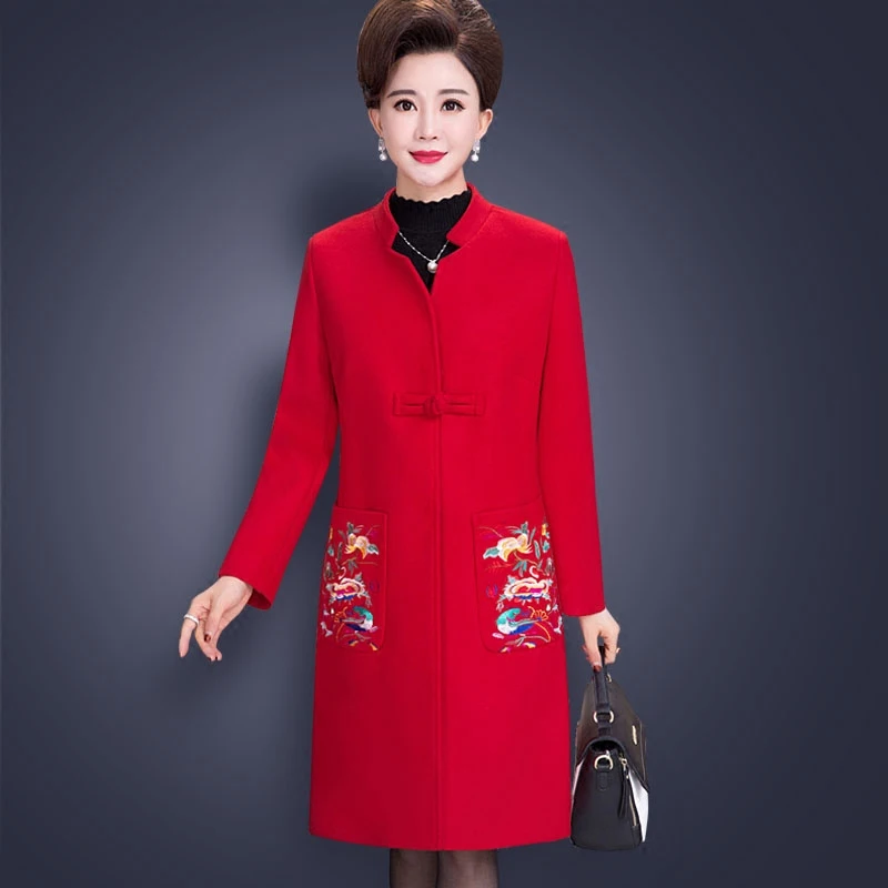 À Mandarin Mode Veste Style Chinois Mince rouge Manches Longues Femelle Manteau Col D'hiver De Laine Feminino pourpre Femmes Noir Pardessus BB8xnWq