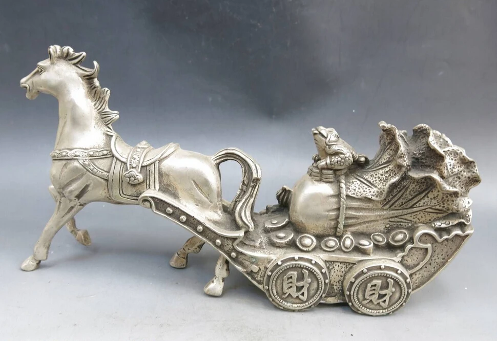 

12" China silver good luck Feng Shui make a fortune Horse money sculpture Statue