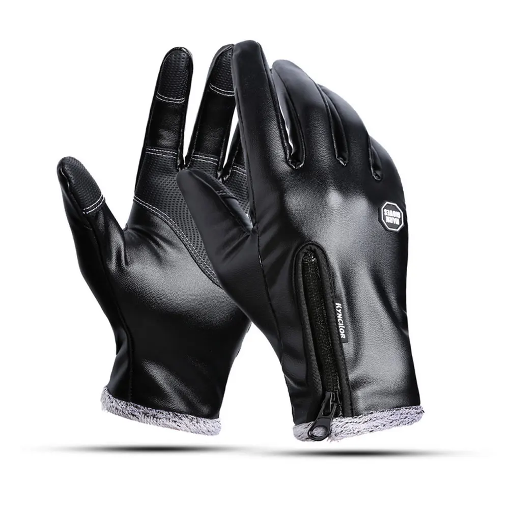 

2018 Winter Outdoor Windproof Waterproof Zipper Leather Gloves Touch Screen Plus Velvet Warm Gloves Driving Riding