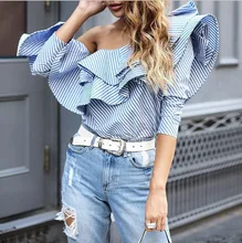 One shoulder ruffles blouse shirt women tops 2017 Spring autumn Casual blue striped shirt Long sleeve cool blouse winter blusas