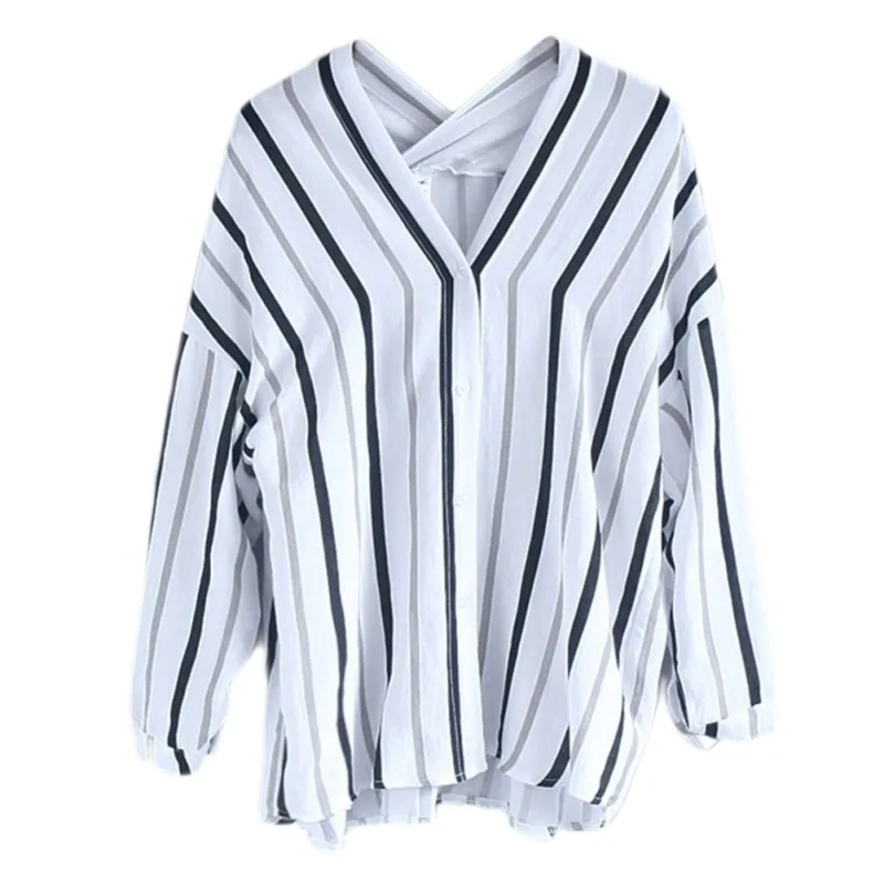 

Fashion Spring Autumn Women Full Sleeve Clothing Lady Casual Striped Shirts Tops Button Bat Blouse