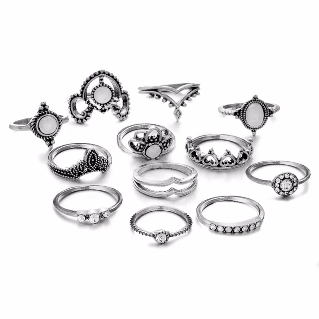12pcs/set Vintage Crystal Opal Knuckle Ring Shellhard Crown Stone Midi Ring Sets  Punk Anillos Mujer Fashion Statement Jewellery