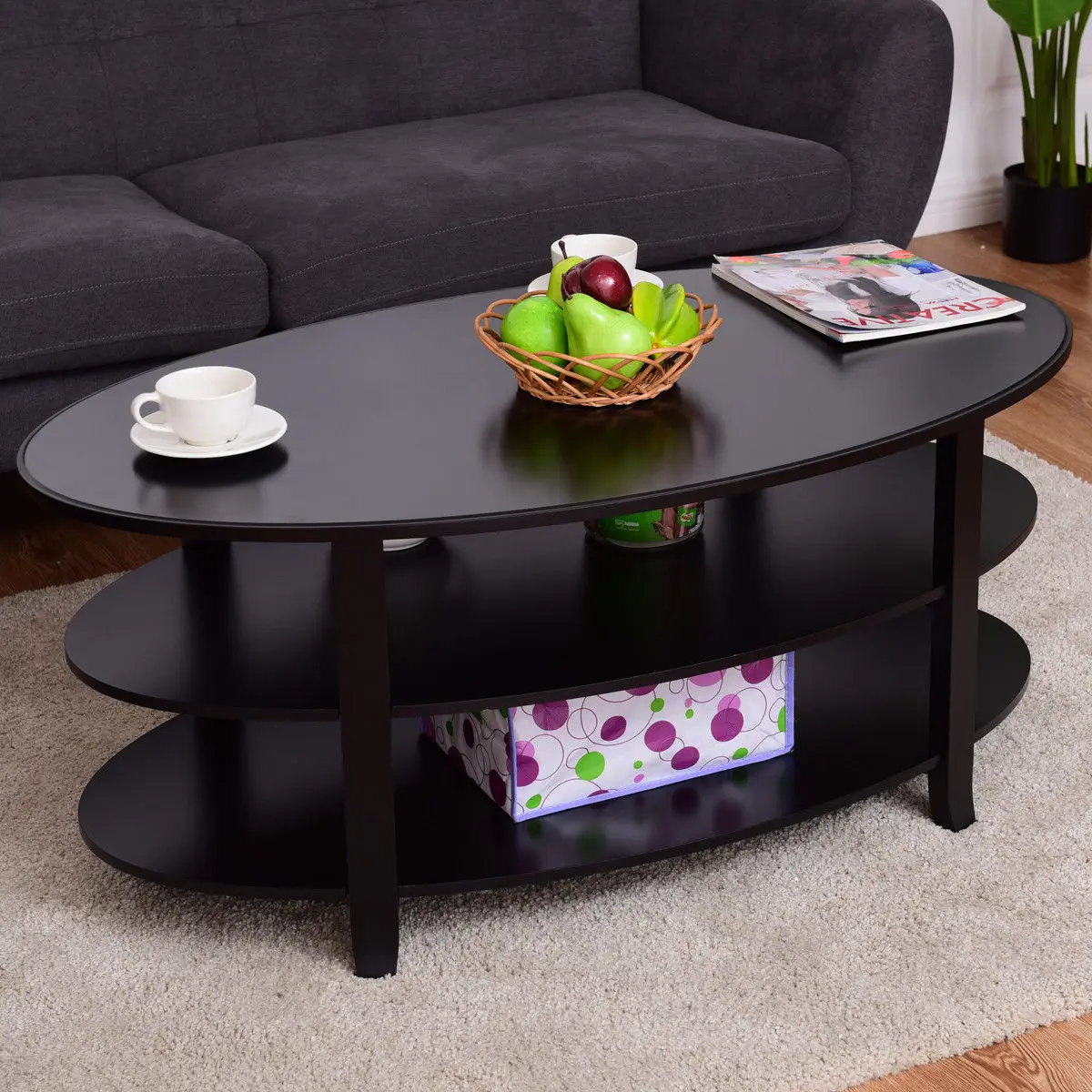 Giantex 3-Tier Wood Oval Coffee Table Modern Accent Cocktail Table with Storage Shelves Home Living Room Furniture HW56633