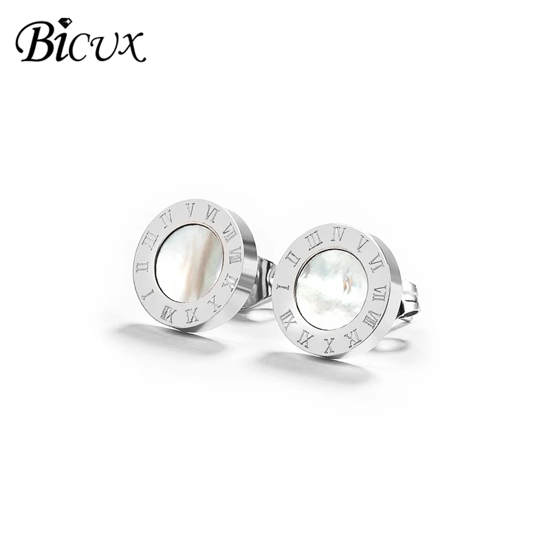 BICUX, маленькие женские подарочные серьги-гвоздики из нержавеющей стали розового, золотого, серебряного цветов с кристаллами для женщин, модные ювелирные изделия, римские серьги с цифрами - Окраска металла: Silver white