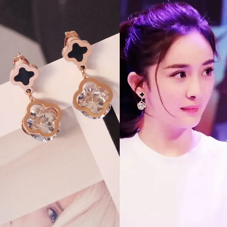 

Fashion Jewelry & Accessories Jewelry Titanium steel four-leaf clover with zircon earrings Rose Gold Never Fade Earring